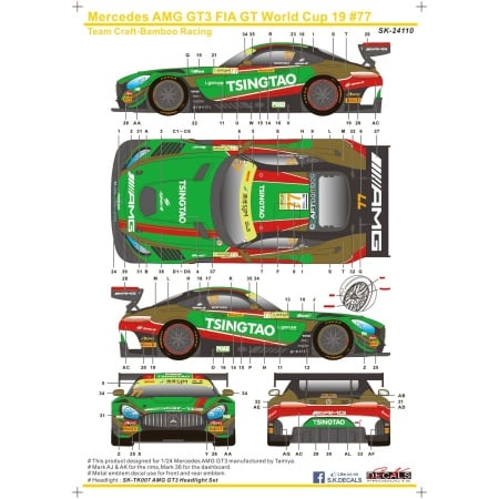 SK Decals SK-24110 Decal 1/24 Team Craft Bamboo Racing Mercedes Benz AMG GT3 FIA GT World Cup 19 #77