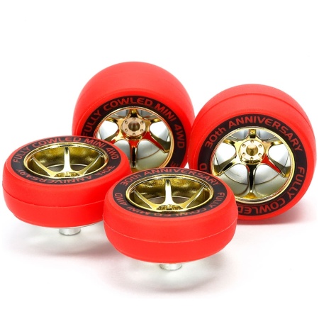 Tamiya 95665 Mini 4wd Red Slick Tires & Gold Color Plated Wheels