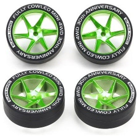 Tamiya 95666 Mini 4wd Fully Cowled 30Th Anniv. Super Hard Low Profile Tires & Matte Green Plated Wheels