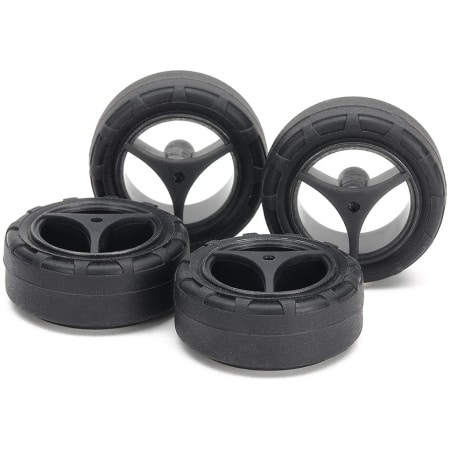 Tamiya 15543 Mini 4wd Super Hard Small Dia. Narrow Tires (24mm) & Carbon Wheels (3-Spoke, For Super X & XX Chassis)