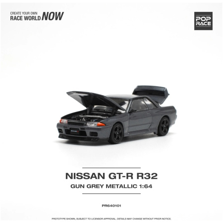 Pop Race GTR R32 Gun Grey Metallic Die Cast 1/64